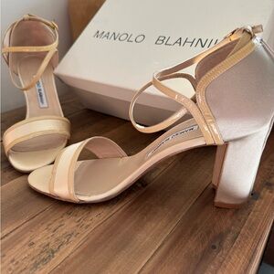 Manolo Blahnik Cream Kitten Heel Strappy Heels